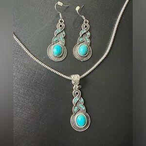 Silver Color Turquoise Blue Rhinestone Necklace & Earrings Set